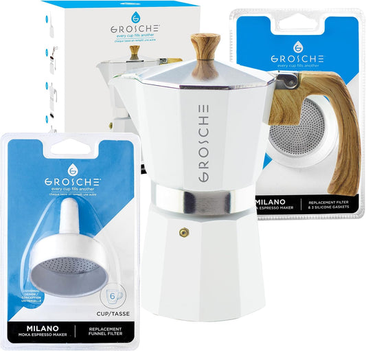 Milano 6 Espresso Cup White Moka Pot & 3 Spare Stove Top Espresso Maker Gaskets & 1 Spare Filter Screen & 1 Spare Moka Pot Funnel Bundle