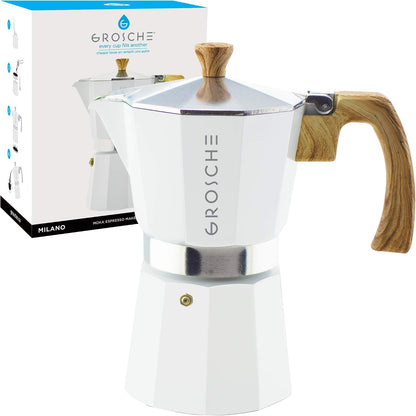 Milano 6 Espresso Cup White Moka Pot & 3 Spare Stove Top Espresso Maker Gaskets & 1 Spare Filter Screen & 1 Spare Moka Pot Funnel Bundle