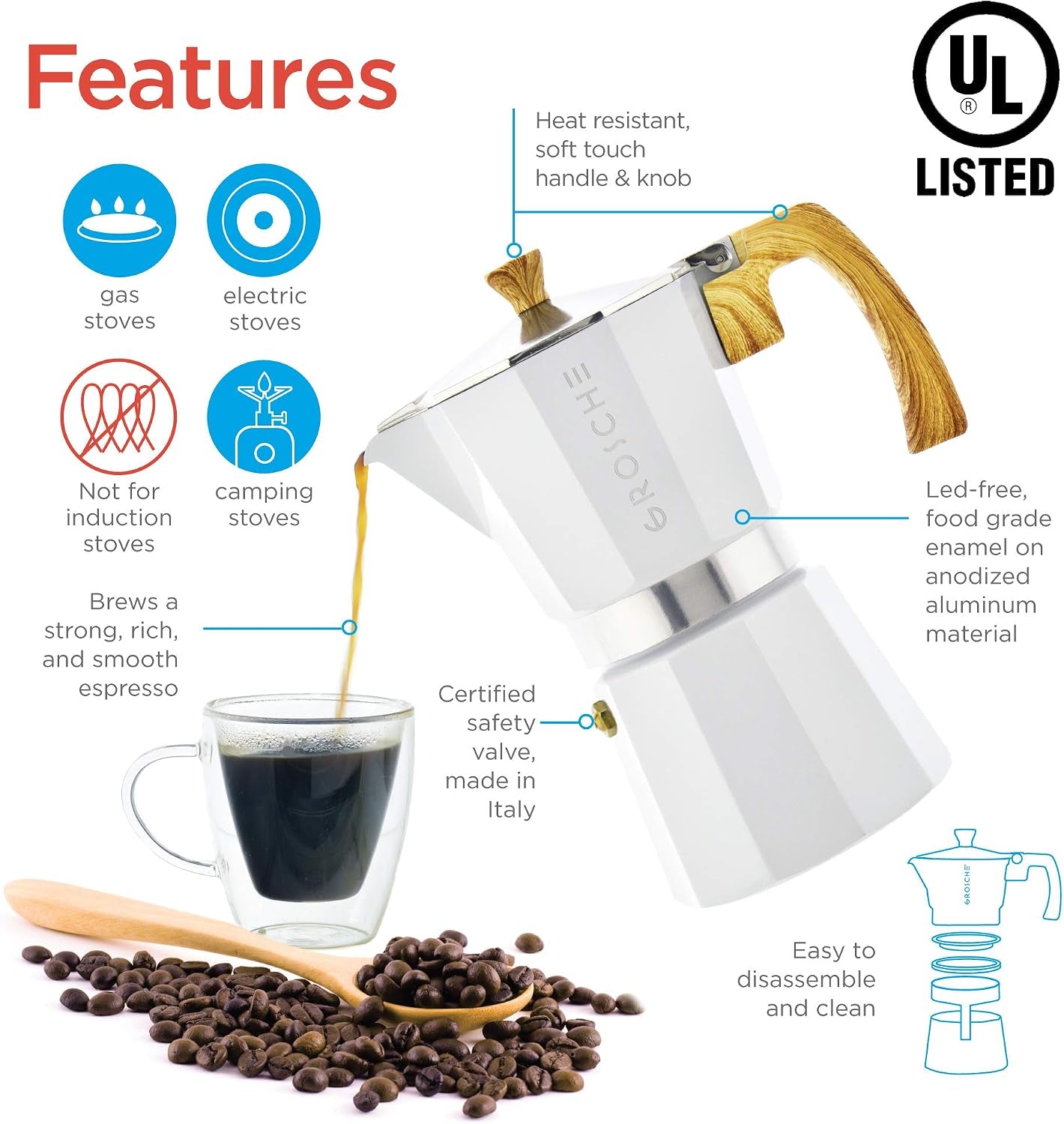 Milano 6 Espresso Cup White Moka Pot & 3 Spare Stove Top Espresso Maker Gaskets & 1 Spare Filter Screen & 1 Spare Moka Pot Funnel Bundle