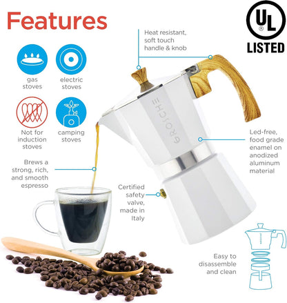 Milano 6 Espresso Cup White Moka Pot & 3 Spare Stove Top Espresso Maker Gaskets & 1 Spare Filter Screen & 1 Spare Moka Pot Funnel Bundle